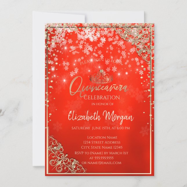  Gold Tiara,Diamonds,Snowflakes,Red Quinceañera  Invitation (Front)