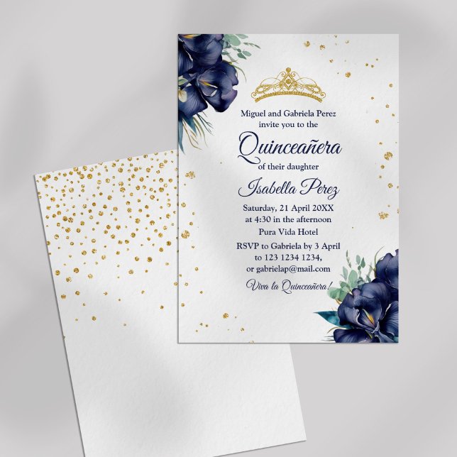 Gold Tiara Glitter and Floral Quinceanera Invitation (Gold Tiara Glitter and Floral Quinceanera Invitation on a white background.)