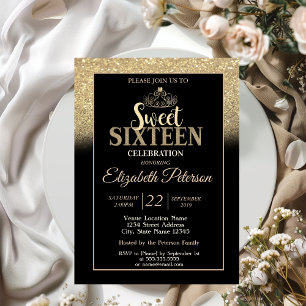 Gold Tiara Glitter Bokeh Ombre Sweet 16 Party Invitation