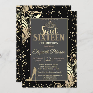Gold Tiara Glitter Heels Diamonds Sweet 16 Party Invitation