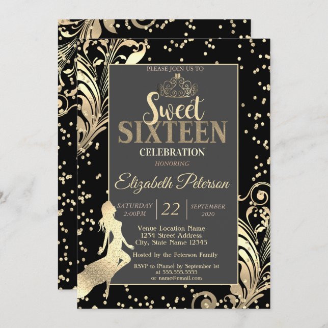 Gold Tiara High Heels Diamonds Girl Sweet 16 Party Invitation (Front/Back)