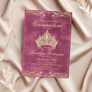 Gold Tiara Pink Princess Quinceañera Invitation