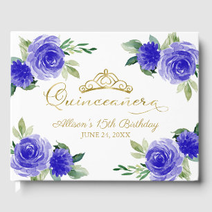 Gold Tiara Royal Blue Floral Quinceanera Guest Book