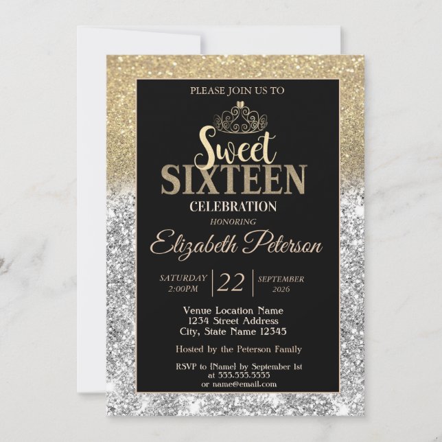 Gold Tiara Silver Gold Glitter Bokeh Sweet 16 Invitation (Front)