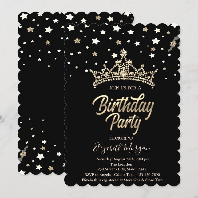 Gold Tiara Stars Black Birthday Party  Invitation (Front/Back)