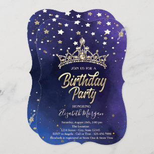 Gold Tiara Stars Blue Birthday Party Invitation