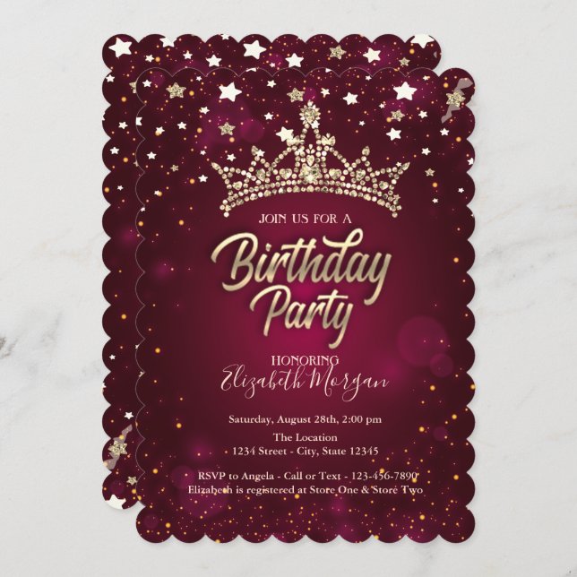 Gold Tiara Stars Red Birthday Party   Invitation (Front/Back)