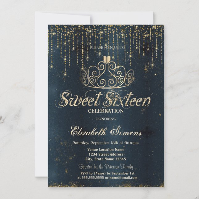 Gold Tiara String Lights Blue Princess Sweet 16 Invitation (Front)