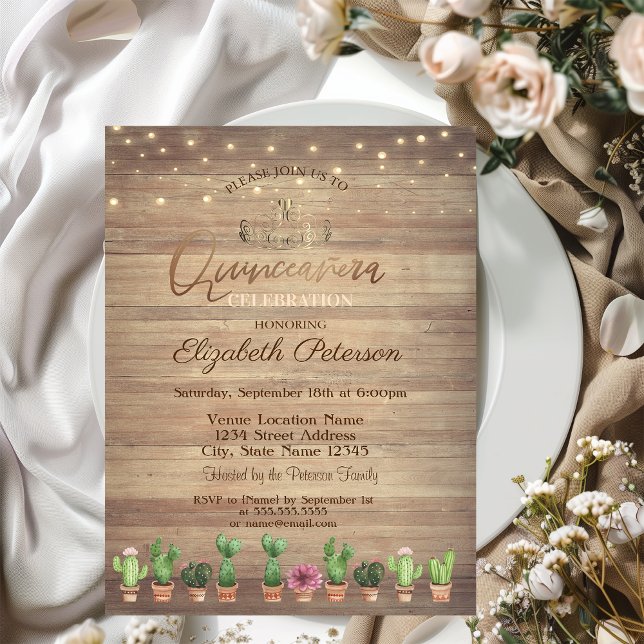 Gold Tiara,String Lights Cactus Wood Quinceañera Invitation (Creator Uploaded)