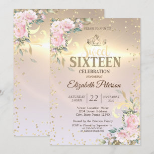 Gold Tiara Sweet Diamonds Flowers 16 Party  Invitation