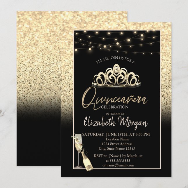 Gold Tiara,Wine Glass Glitter Quinceañera Invitation (Front/Back)