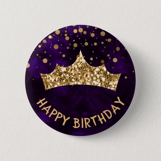 Gold Tiara with gold bokeh & Purple Birthday 6 Cm Round Badge (Front)