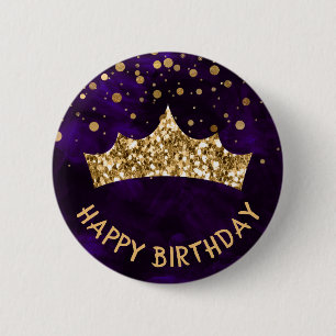 Gold Tiara with gold bokeh & Purple Birthday 6 Cm Round Badge