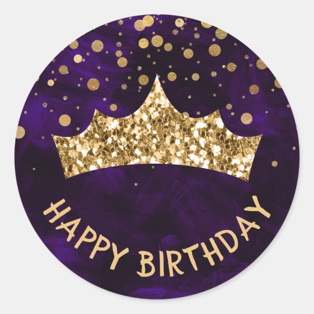 Gold Tiara with gold bokeh & Purple birthday Classic Round Sticker (Front)