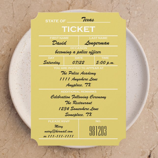 Gold Ticket Police Graduation Invitations (Creator Uploaded)