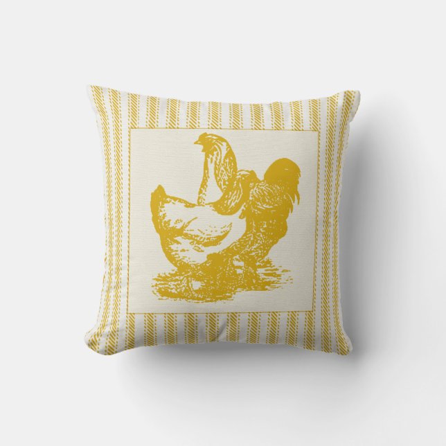 Gold Ticking with Rooster and Chicken Cushion (Front)