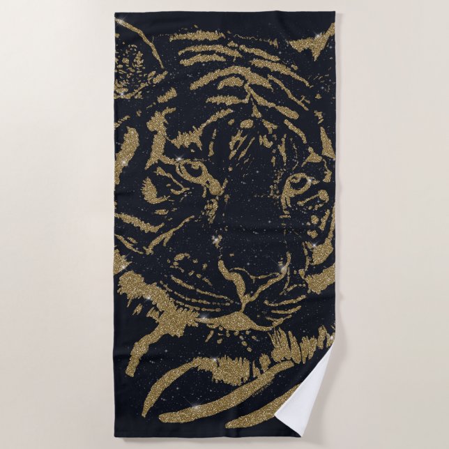 Gold Tiger Black Design Beach Towel (Front)
