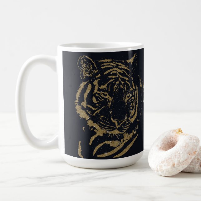 Gold Tiger Black Design Coffee Mug (With Donut)