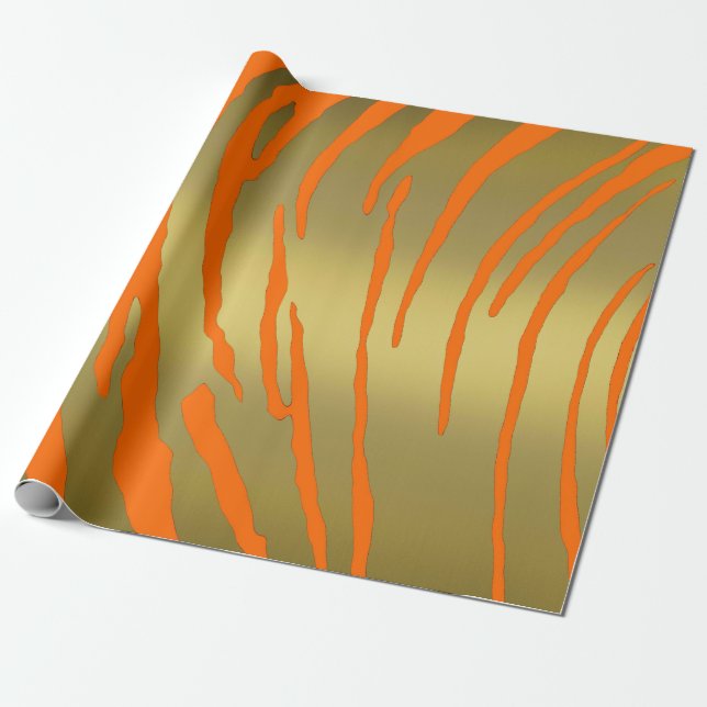 Gold Tiger Stripes Orange Wrapping Paper (Unrolled)