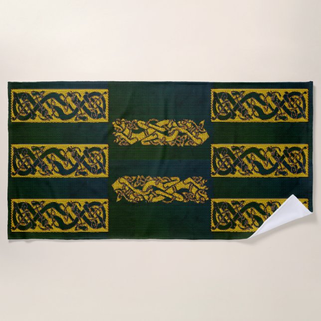 Gold Tiled Celtic Knot Dragon Hounds Beach Towel (Front)
