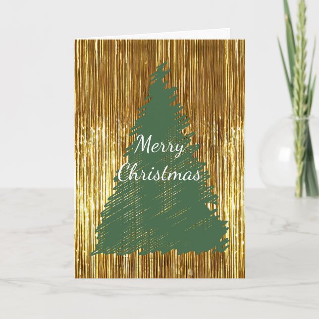 Gold Tinsel Merry Christmas Tree Card (Front)