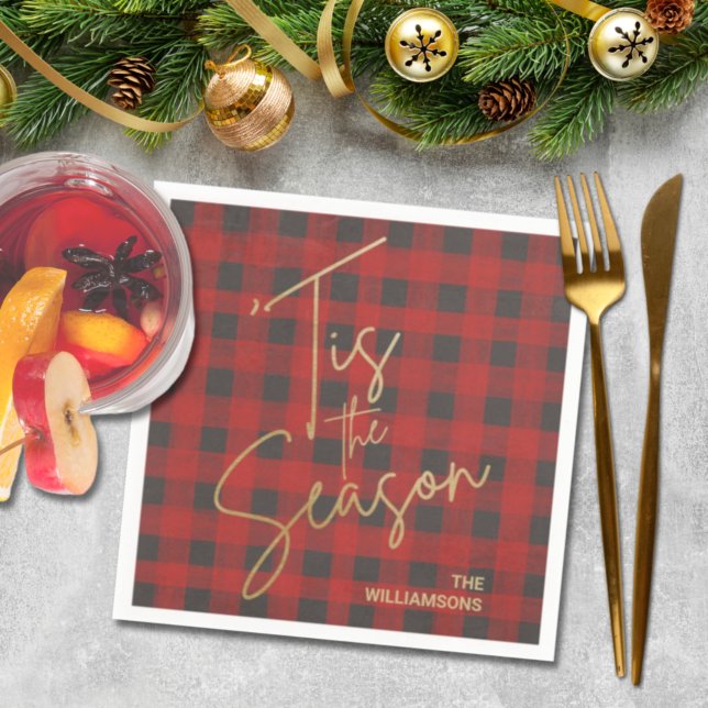Gold Tis the Season Red Buffalo Christmas Plaid Napkin (Creator Uploaded)
