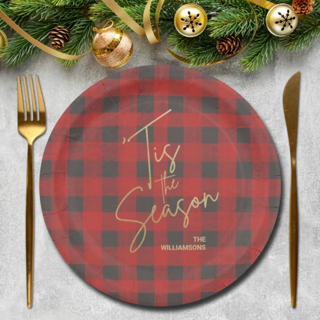 Gold Tis the Season Red Buffalo Plaid Paper Plate (Creator Uploaded)