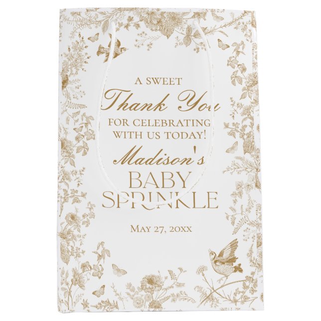 Gold Toile De Jouy Baby Sprinkle Favours Medium Gift Bag (Front)