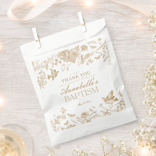 Gold Toile De Jouy Floral Baptism Dessert Favour Bag (Clipped)