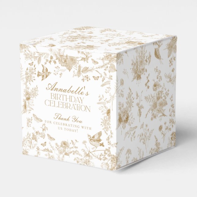 Gold Toile De Jouy Floral Birthday Party Favour Bo Box (Front Side)