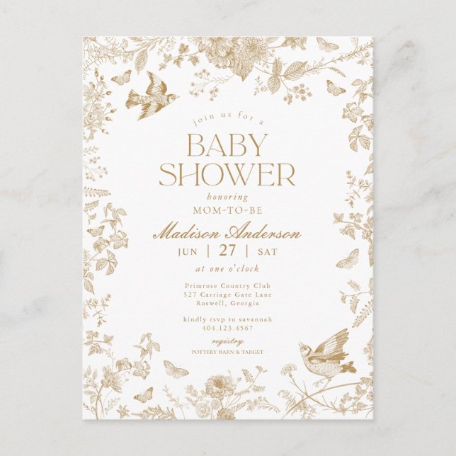 Gold Toile De Jouy French Floral Baby Shower Postcard (Front)