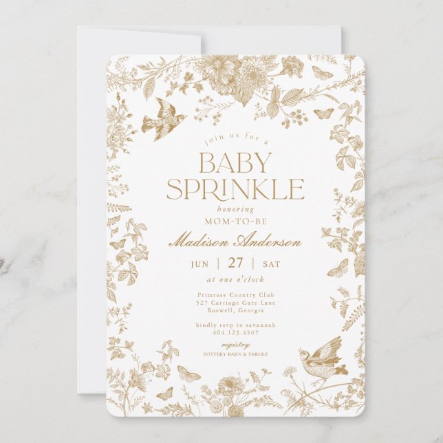 Gold Toile De Jouy French Floral Baby Sprinkle Invitation (Front)
