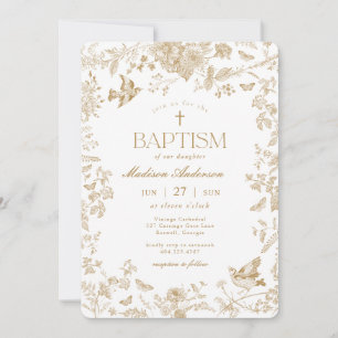 Gold Toile De Jouy French Floral Baptism Invitation