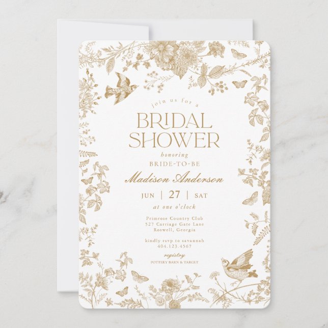 Gold Toile De Jouy French Floral Bridal Shower Invitation (Front)