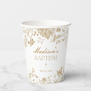 Gold Toile De Jouy Vintage Floral Baptism Paper Cups