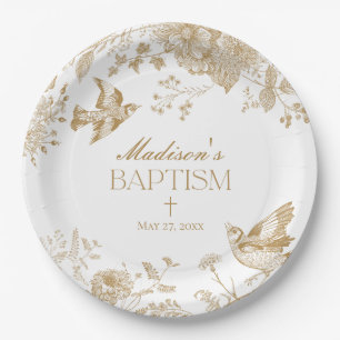 Gold Toile De Jouy Vintage Floral Baptism Paper Plate
