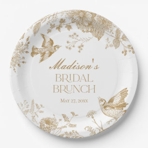 Gold Toile De Jouy Vintage Floral Bridal Brunch Paper Plate