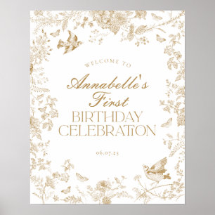 Gold Toile Jouy Floral Birthday Party Welcome Sign