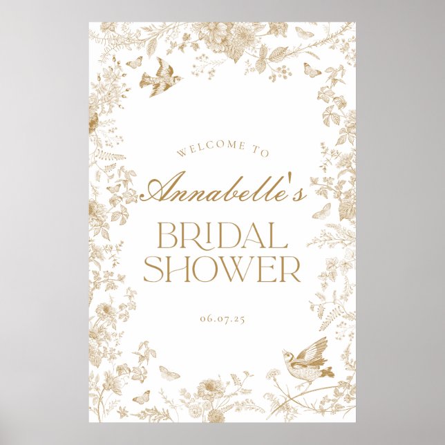 Gold Toile Jouy Floral Bridal Shower Welcome Sign (Front)