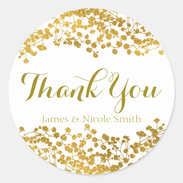 Gold Tone Baby's Breath White Elegant Favour Classic Round Sticker (Front)
