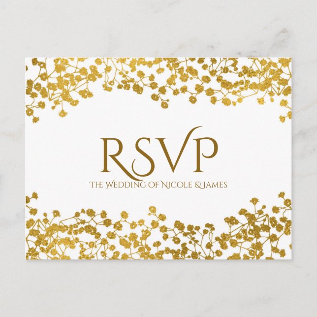 Gold Tone Baby's Breath White Elegant Floral RSVP Invitation Postcard (Front)