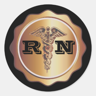 Gold Tone Caduceus RN Nurse | Medical Classic Round Sticker