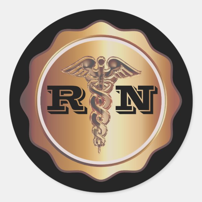 Gold Tone Caduceus RN Nurse | Medical Classic Round Sticker (Front)