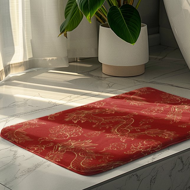 Gold Tone Chinese Dragon and Red Bath Mat (Creator Uploaded)
