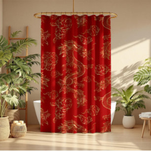 Gold Tone Chinese Dragon and Red Shower Curtain