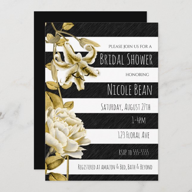Gold Tone Floral Black & White Striped Invitation (Front/Back)