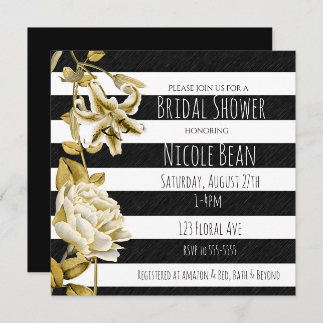 Gold Tone Floral Black & White Striped Invitation (Front/Back)