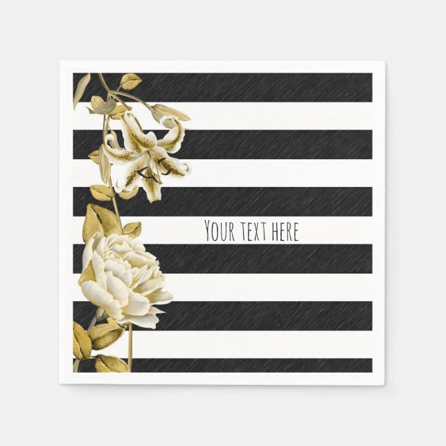 Gold Tone Floral Black & White Striped Napkin (Front)