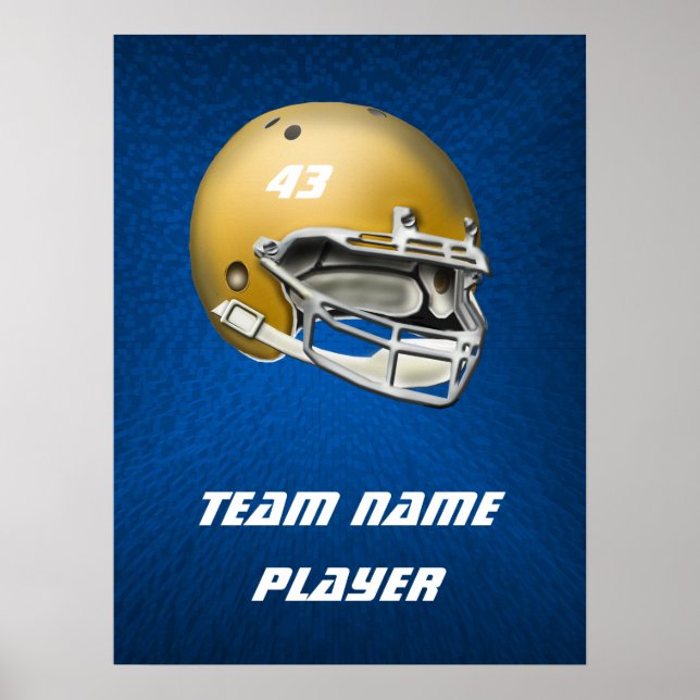 Gold Tone Football Helmet on Blue Background Poster (Front)