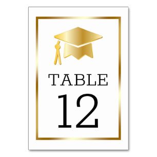 Gold Tone Grad Cap on White Classy Graduation Tabl Table Number
